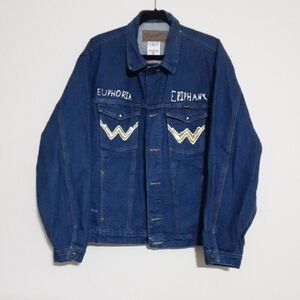 Vintage wrangler Blue Denim Jacket custom painted Y2K thick street wear XXL/TTG